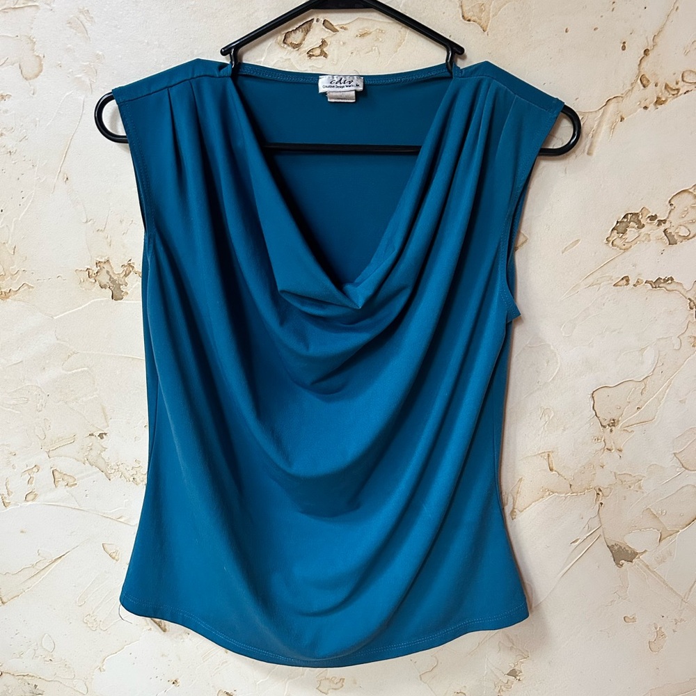 Creative Design Works Teal Draped Collar Sleeveless Blouse M EUC Office Date